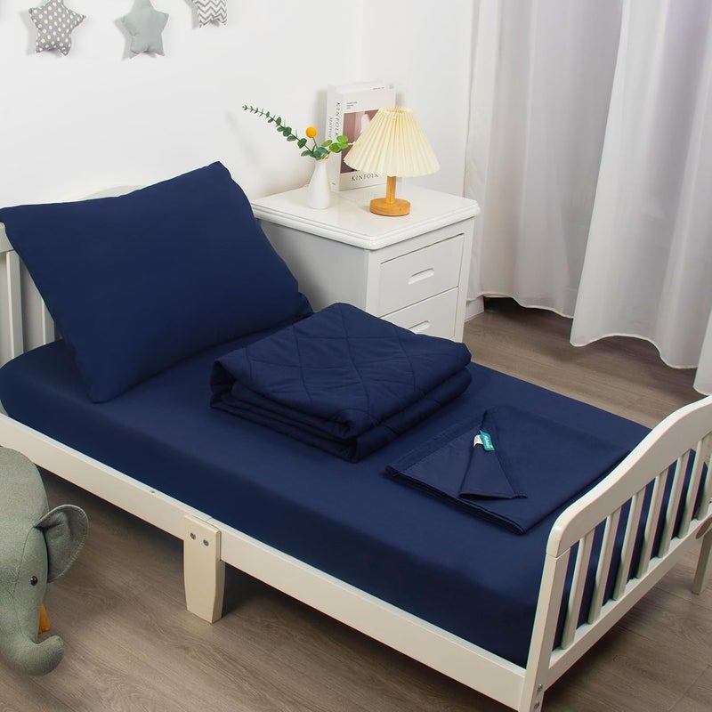 Biloban 4 Piece Toddler Bedding Set,Ultra Soft and Breathable Crib Bedding Set,Includes Quilted Comforter,Fitted Sheet,Flat Top Sheet and Envelope Pillowcase for Boys and Girls,Navy Blue - Image 1